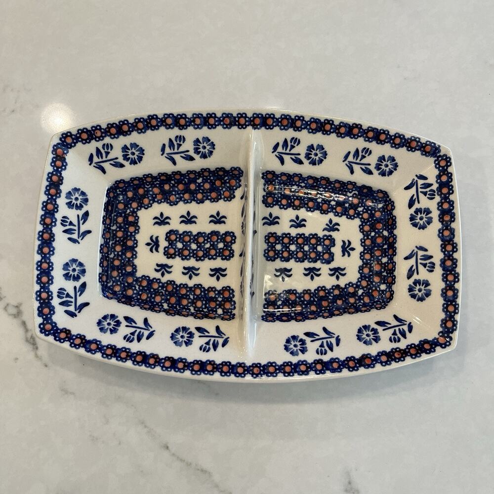 Manufaktura Boleslawcu Chip Dip Polish Pottery Divided Dish Floral Blue Red